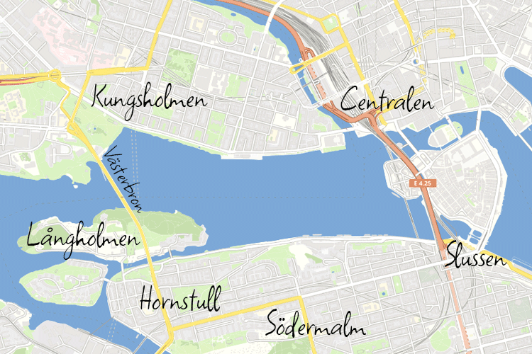 Karta över Stockholm och Långholmens placering i staden